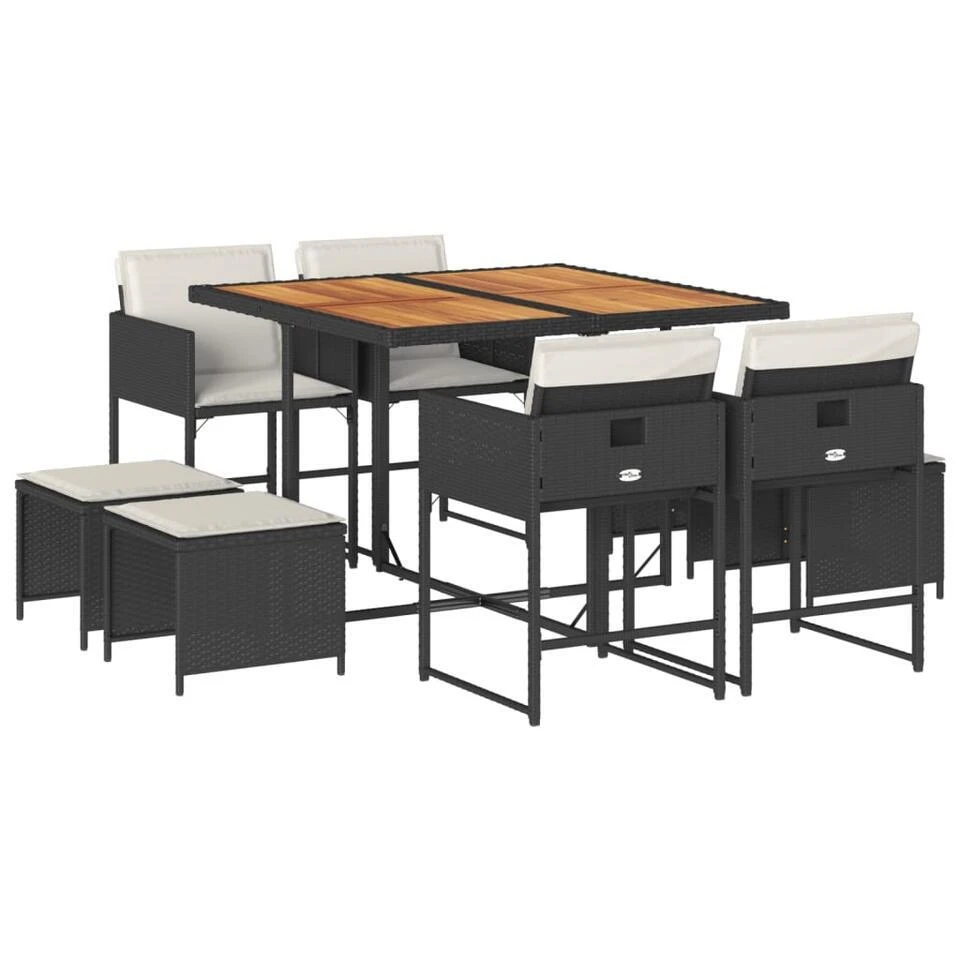 VidaXL - 9-delige Tuinset Wit Kussens 4 Krukken - Zwart Poly Rattan - 110x106 Cm 3 VidaXL - 9-delige Tuinset Wit Kussens 4 Krukken - Zwart Poly Rattan - 110x106 Cm